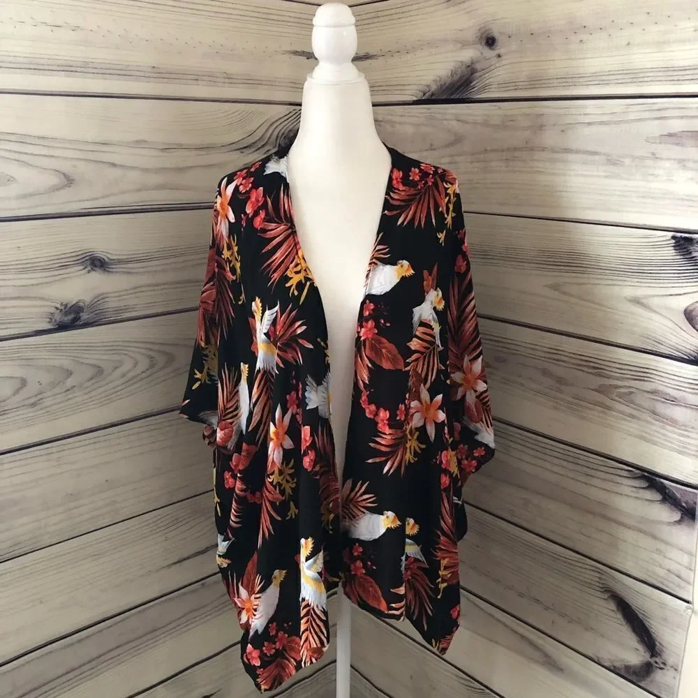 Forever 21 Black Tropical Bird Leaf Print Kimono Cover Up Size Small - Picture 1 of 5